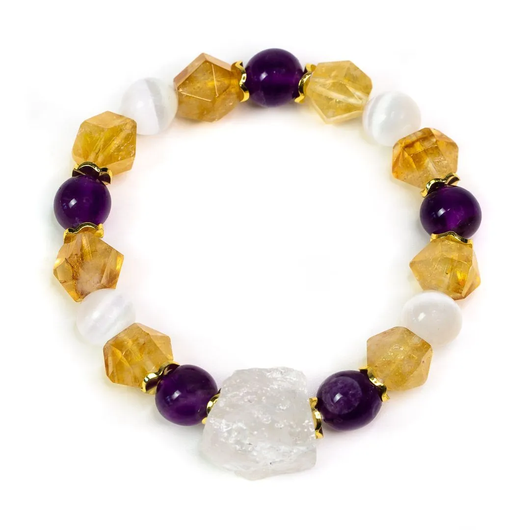 Браслет "Спутник души" из цитрина, аметиста и селенита с кристаллом горного хрусталя
