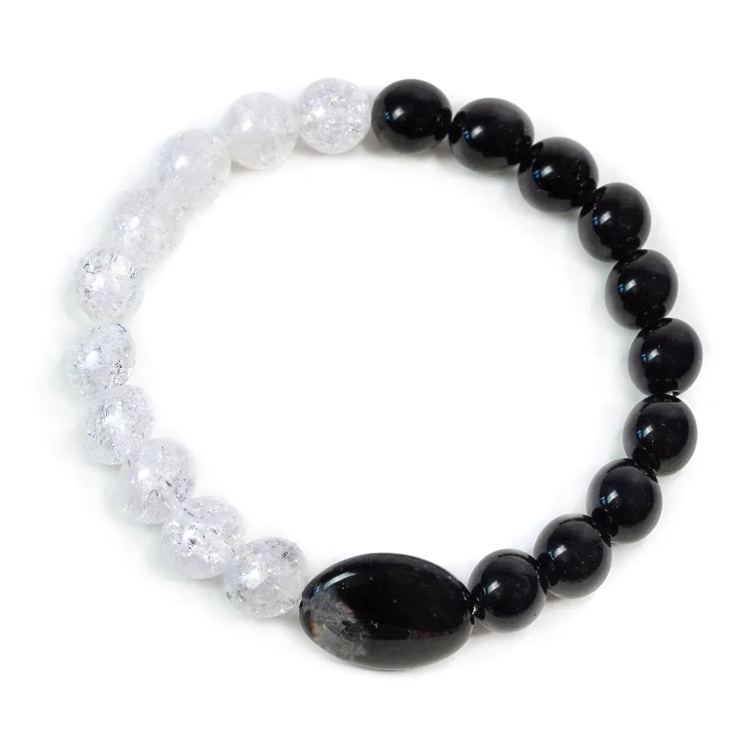 Браслет «Фантомный щит двух миров» из фантомного хрусталя и обсидиана с бусиной из чёрного агата