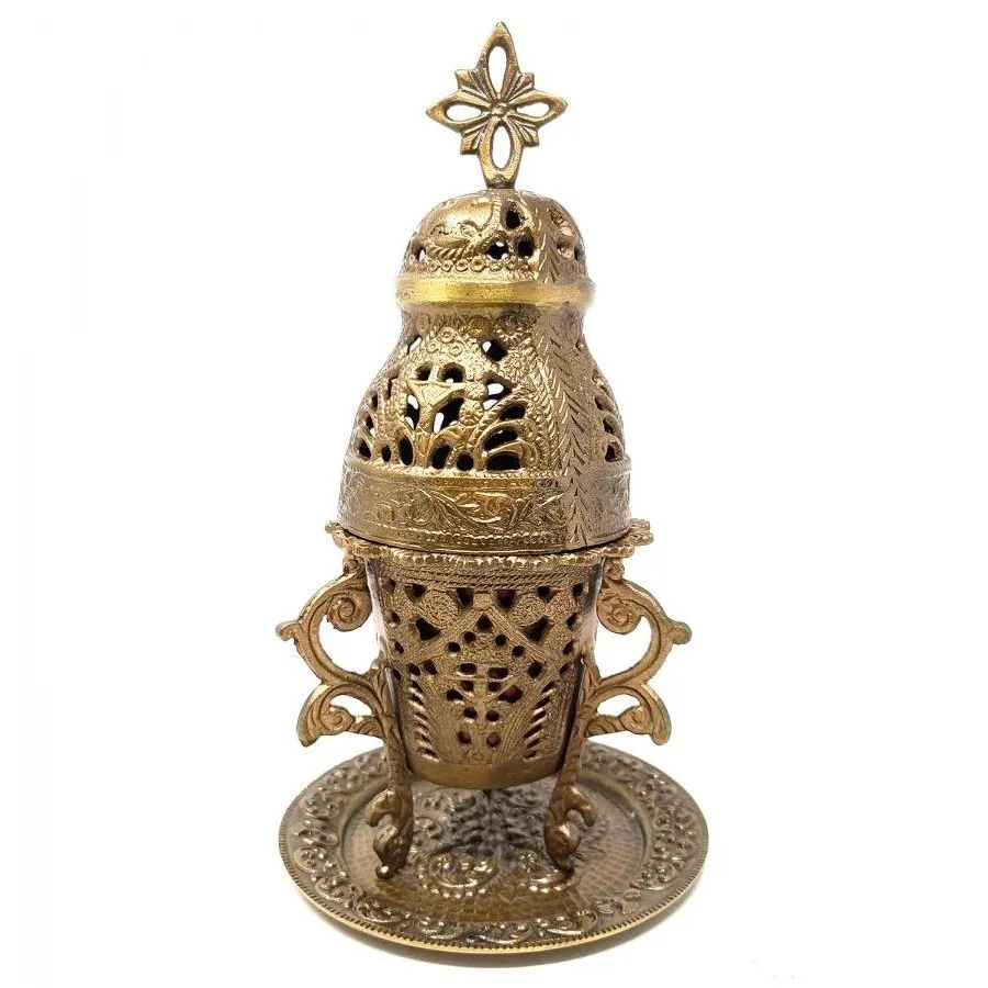 Высокая курильница в храмовом стиле "Фимиам" латунная, на подставке