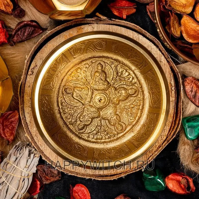 Поющая чаша тибетская "Пять Будд" золотая